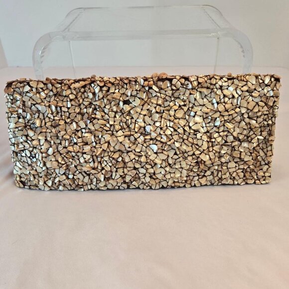 MOYNA Vintage Seashell Clutch, Shell Covered Fold Over Purse, Long Slim Clutch - Picture 9 of 13